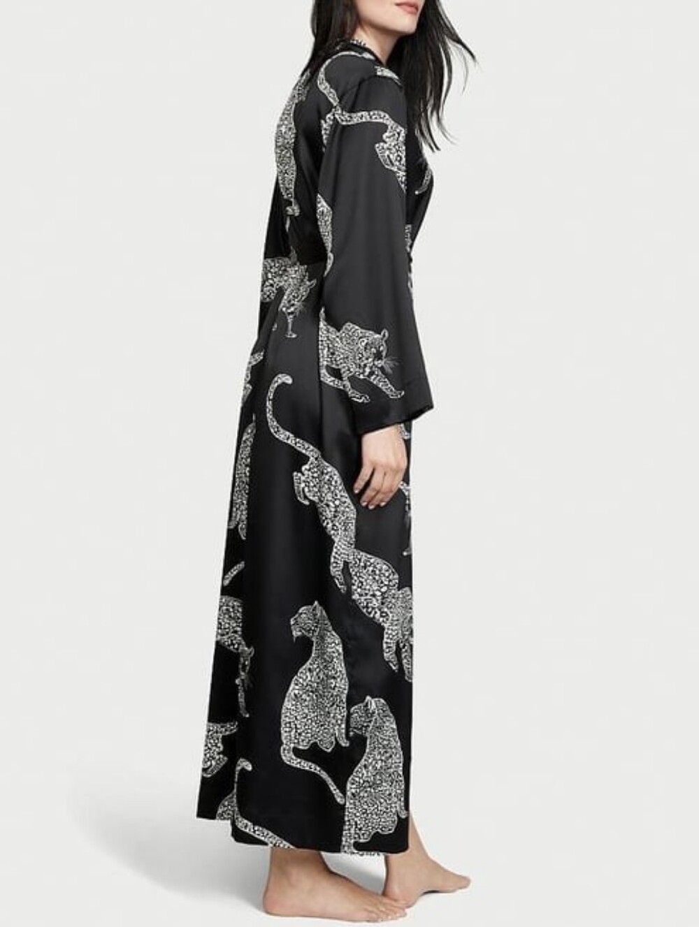 Victoria's Secret Satin Long Robe Black with Leopard Print XS - Picture 2 of 16